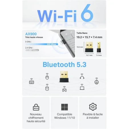 Adaptateur USB Wi-Fi 6 & Bluetooth 5.3 TP-Link Archer TX10UB Nano Ultra-Compact pour PC & Portable (Windows 11/10)