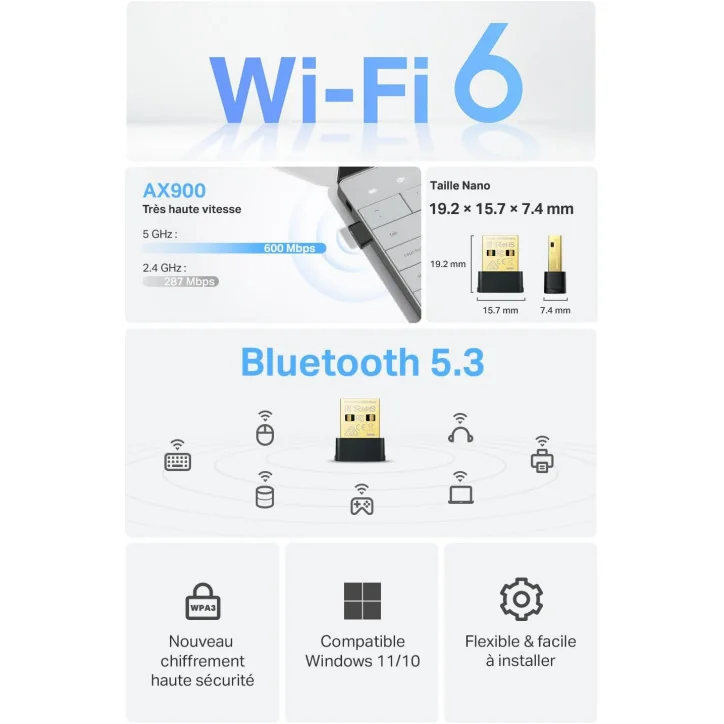 Adaptateur USB Wi-Fi 6 & Bluetooth 5.3 TP-Link Archer TX10UB Nano Ultra-Compact pour PC & Portable (Windows 11/10) - Accessoires - gamezone